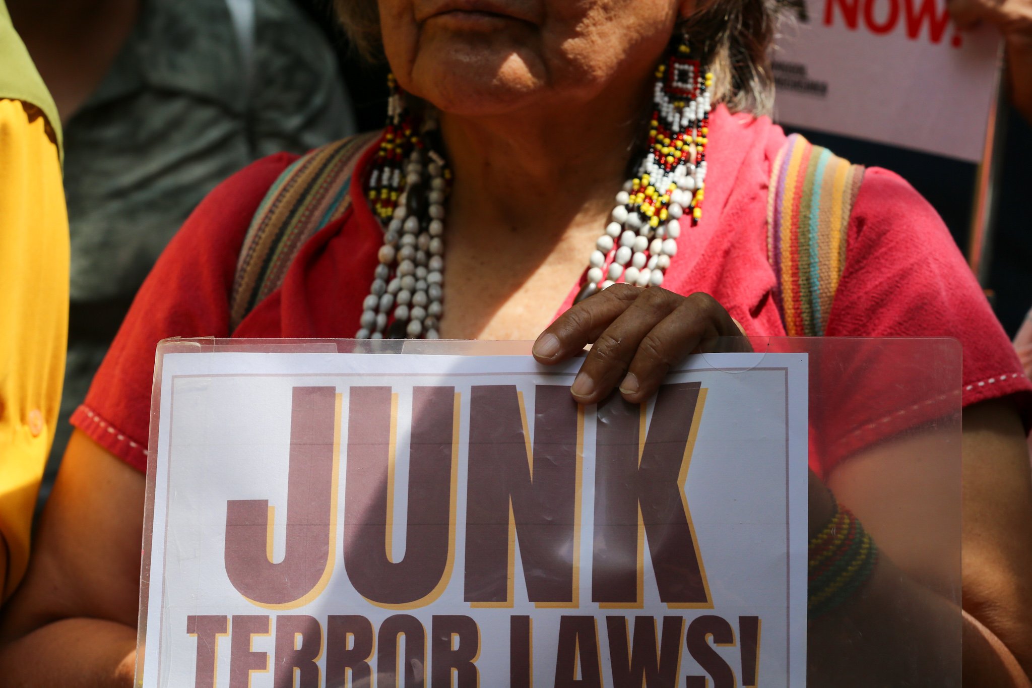 Human rights groups gather outside the Department of Justice on 03 July 2026 to protest alleged human rights violations linked to the implementation of the Anti-Terrorism Act of 2020 and the Terrorism Financing Prevention and Suppression Act of 2012. The demonstration also marks the sixth anniversary of the Anti-Terrorism Act's entry into force.