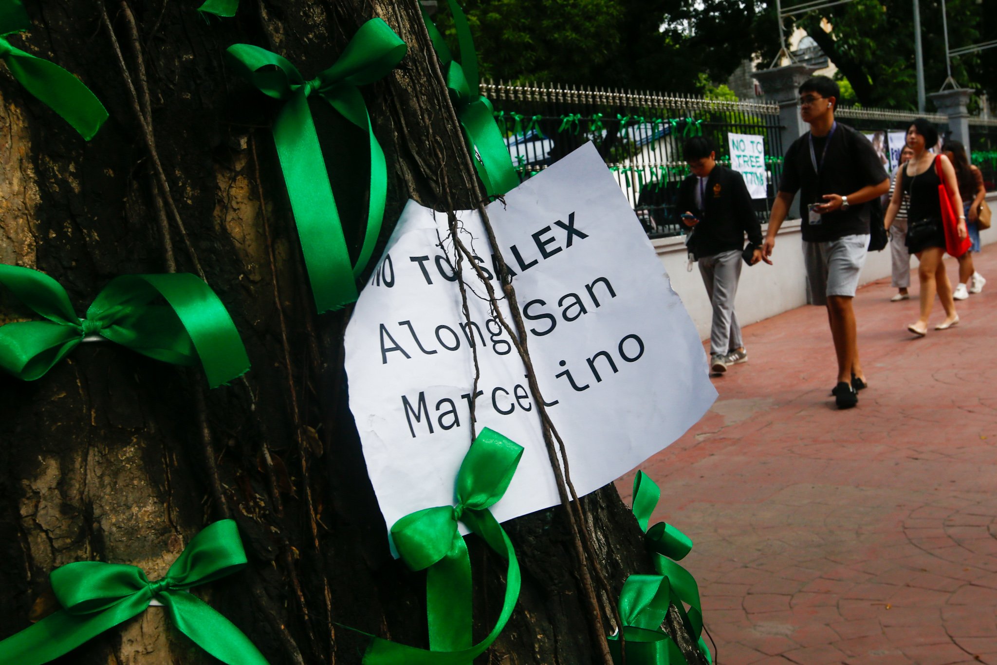 The Adamson University community displays green ribbons on its fences to call for the protection of green spaces and heritage sites and to protest the proposed construction of the Southern Access Link Expressway (SALEX). The community raises concerns over the project's possible impact on the university's campus environment, trees, surrounding community, and historical structures. The university has been designated a historical site by the National Historical Institute.
