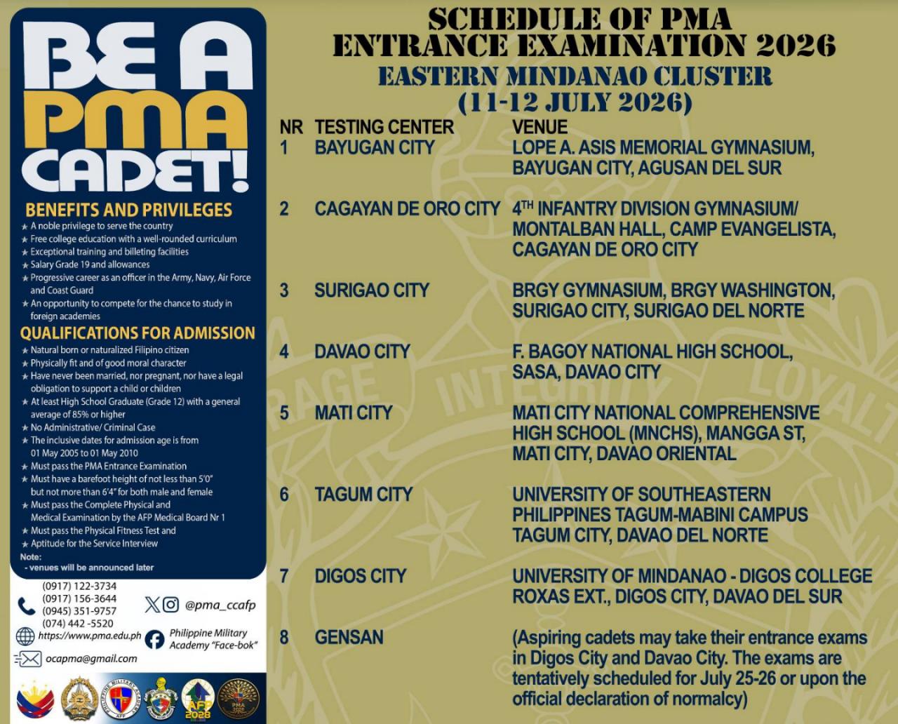PMA sets entrance exams in Eastern Mindanao