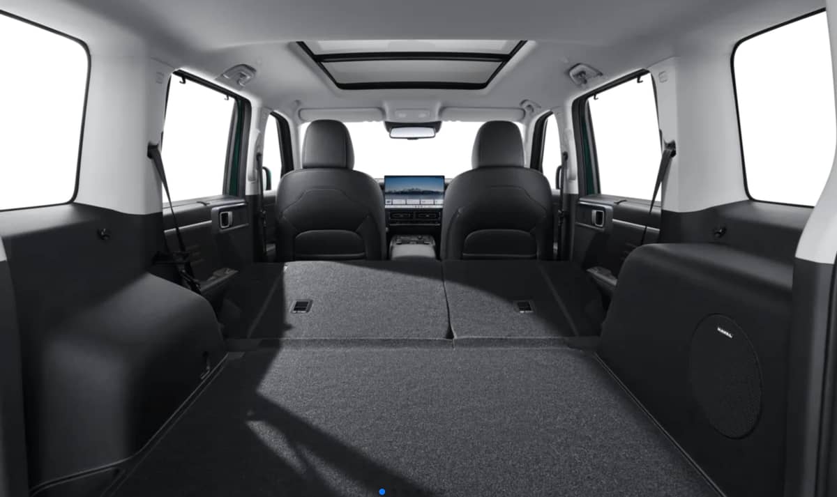 CABIN space in the 2026 GWM Haval H7 shows the fold-flat rear seats, panoramic sunroof and large center display.