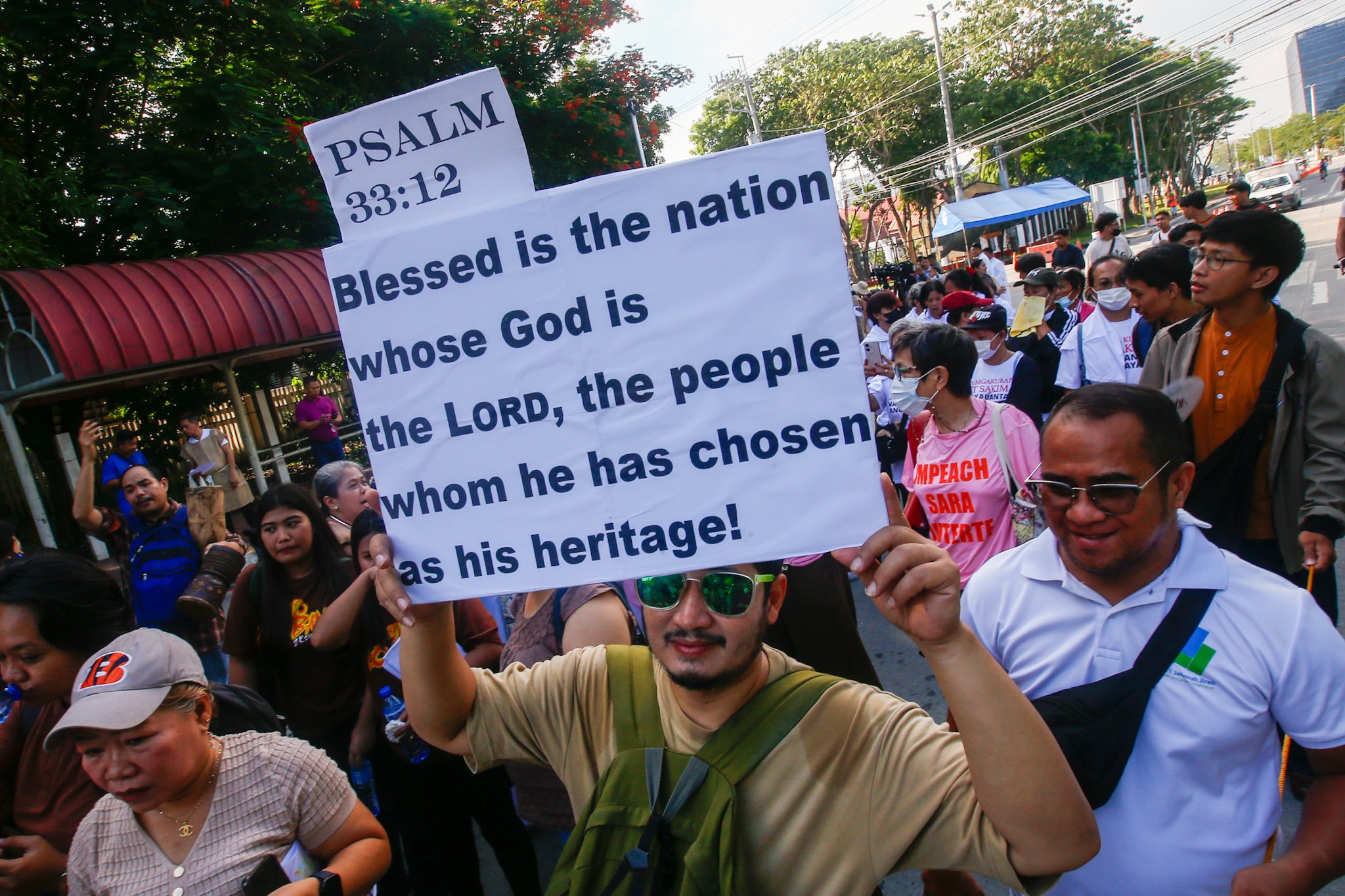 Faith-based groups gather for the "Jericho Walk for Truth and Justice" outside the Philippine Senate along Diokno Boulevard in Pasay City on 04 July 2026. Participants call for integrity, accountability, and justice in the impeachment trial of Vice President Sara Duterte.