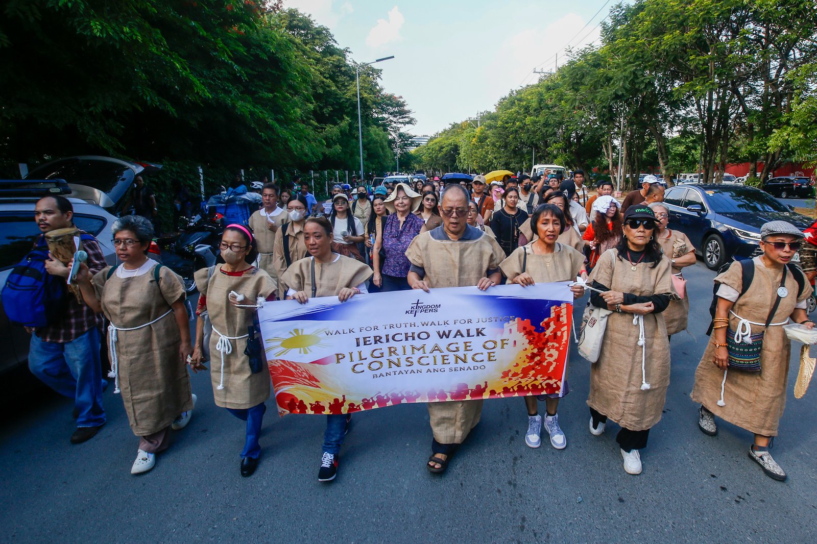 Faith-based groups gather for the "Jericho Walk for Truth and Justice" outside the Philippine Senate along Diokno Boulevard in Pasay City on 04 July 2026. Participants call for integrity, accountability, and justice in the impeachment trial of Vice President Sara Duterte.