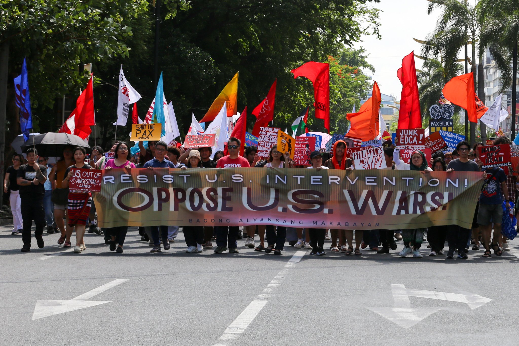 Protesters stage a rally along Kalaw Avenue in Manila on 4 July 2026, marking the 80th Philippine-U.S. Friendship Day by opposing what they describe as expanded U.S. military presence and intervention, as well as the proposed Pax Silica Initiative./Toto Lozano