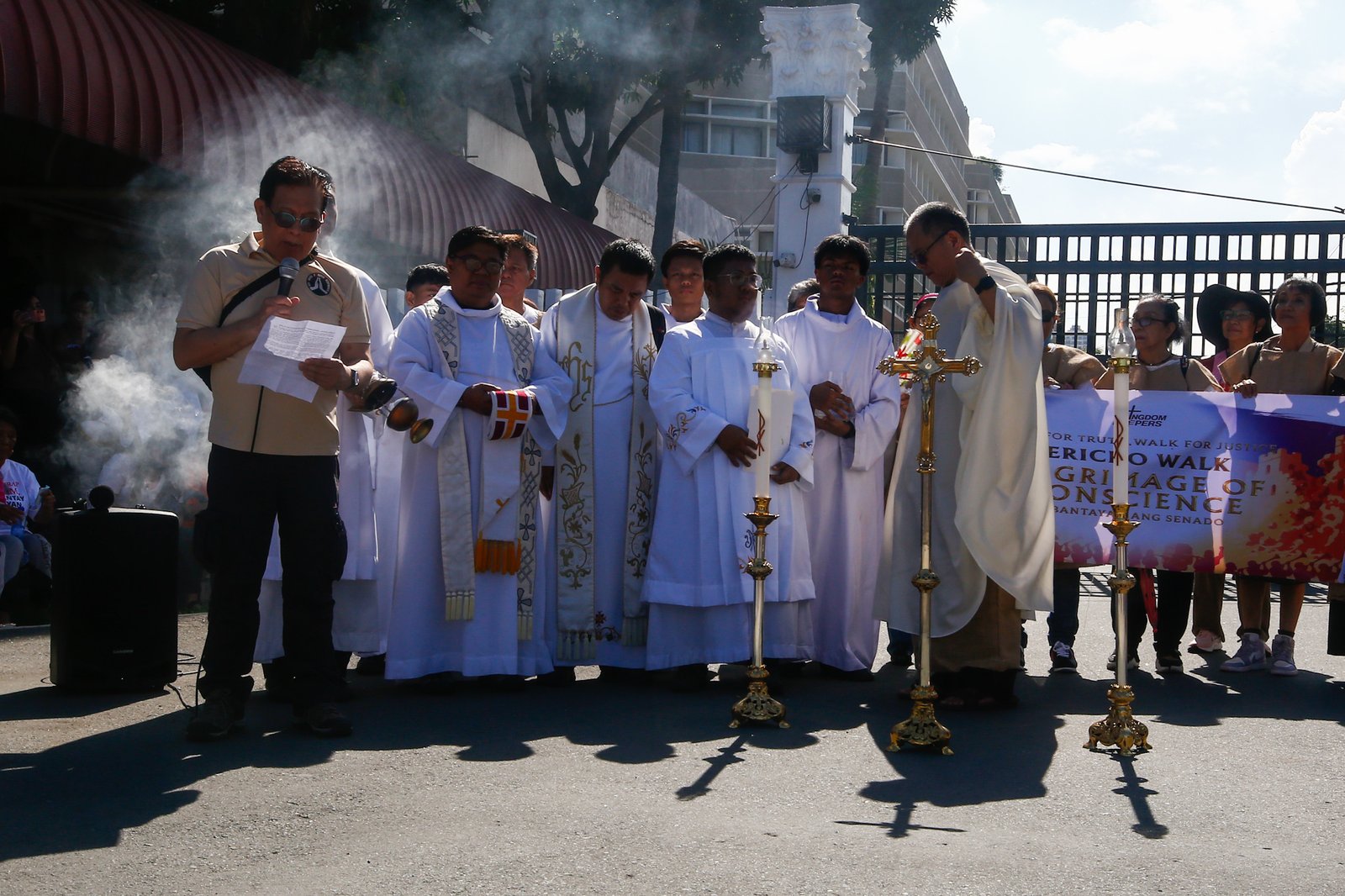Faith-based groups gather for the "Jericho Walk for Truth and Justice" outside the Philippine Senate along Diokno Boulevard in Pasay City on 04 July 2026. Participants call for integrity, accountability, and justice in the impeachment trial of Vice President Sara Duterte.
