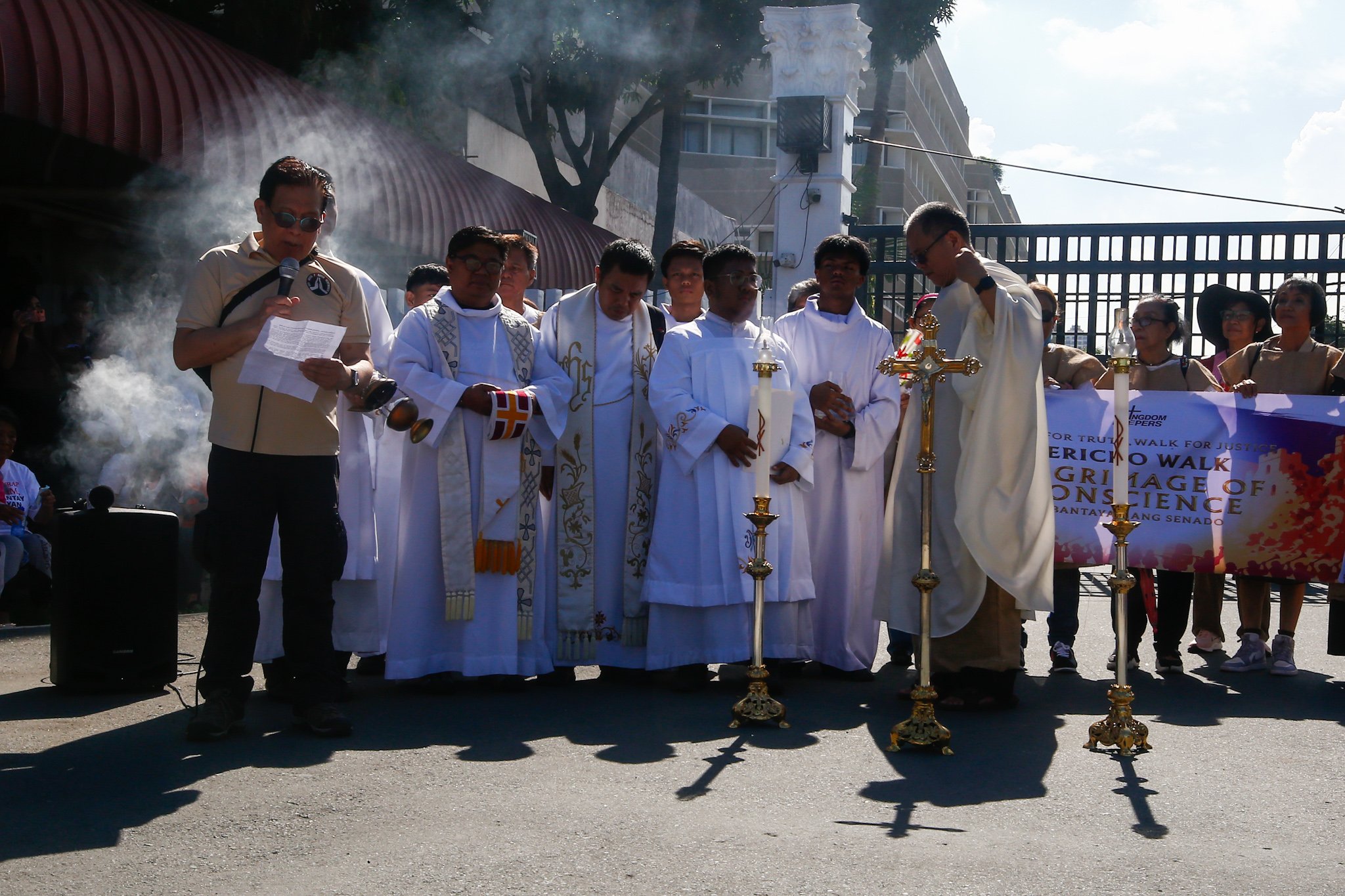 Faith-based groups gather for the "Jericho Walk for Truth and Justice" outside the Philippine Senate along Diokno Boulevard in Pasay City on 04 July 2026. Participants call for integrity, accountability, and justice in the impeachment trial of Vice President Sara Duterte.