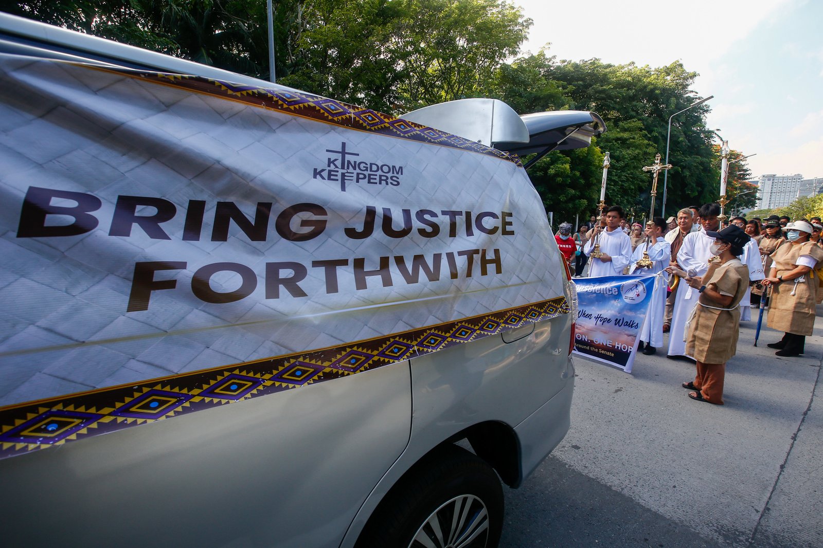Faith-based groups gather for the "Jericho Walk for Truth and Justice" outside the Philippine Senate along Diokno Boulevard in Pasay City on 04 July 2026. Participants call for integrity, accountability, and justice in the impeachment trial of Vice President Sara Duterte.