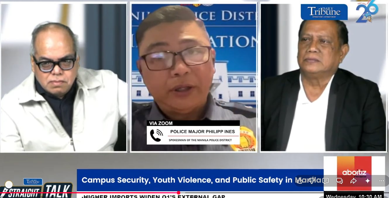Unique to the capital city The Manila Police District manages protest actions. Major Philipp Ines (center) explains to ‘Straight Talk’ hosts Chito Lozada (left) and Pat Santos (right) that the Humanitarian Engagement Team, unique to Manila and built from years of experience handling sprawling, high-tension rallies, is key to this.