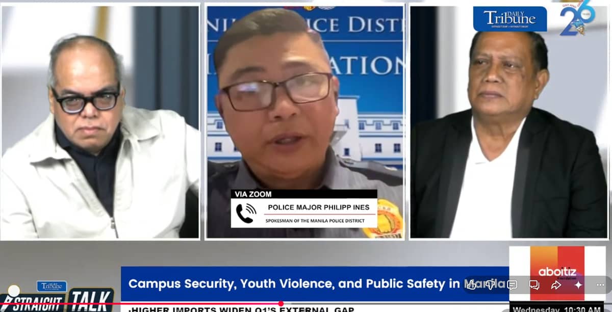 Unique to the capital city The Manila Police District manages protest actions. Major Philipp Ines (center) explains to ‘Straight Talk’ hosts Chito Lozada (left) and Pat Santos (right) that the Humanitarian Engagement Team, unique to Manila and built from years of experience handling sprawling, high-tension rallies, is key to this.