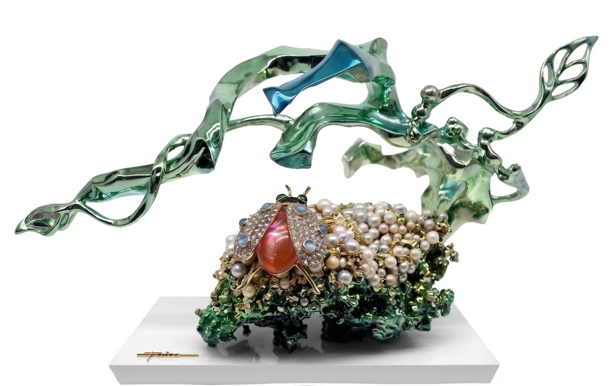 FAICO's ‘Moonlit Harvest’ 13x16.5 x10.5: South Sea Pearls, Wood, Brass, Cubic Zirconia and Resin.