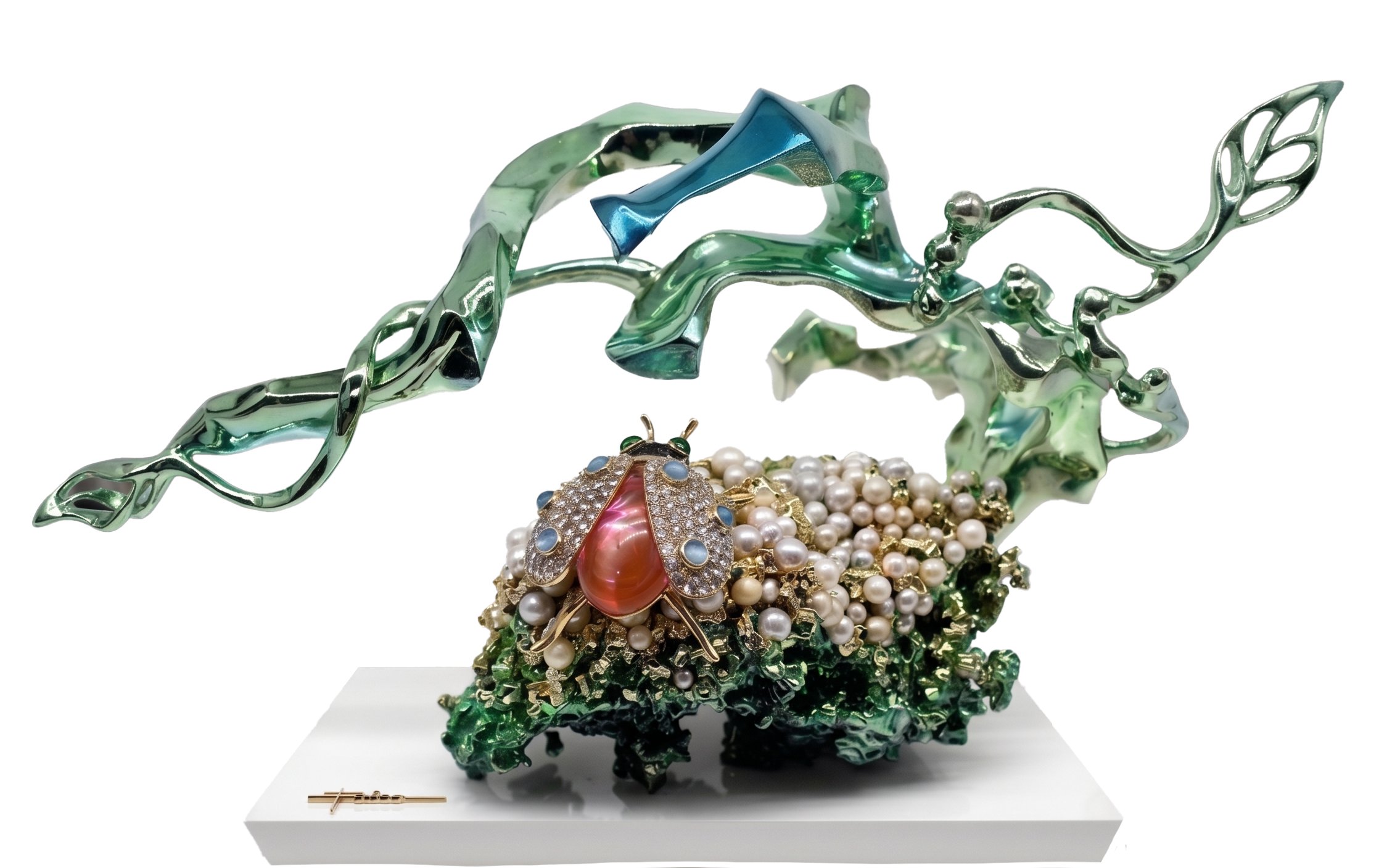 FAICO's ‘Moonlit Harvest’ 13x16.5 x10.5: South Sea Pearls, Wood, Brass, Cubic Zirconia and Resin.