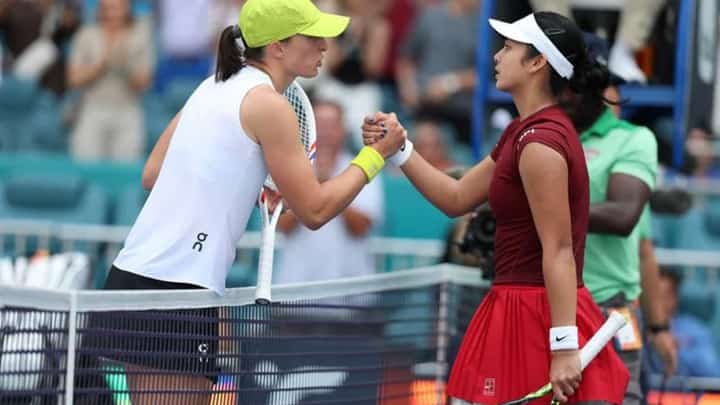 Iga Swiatek of Poland meets Alexandra Eala of the Philippines after losing to her on Day 9 of the Miami Open at Hard Rock Stadium on March 26, 2025 in Miami Gardens, Florida.
