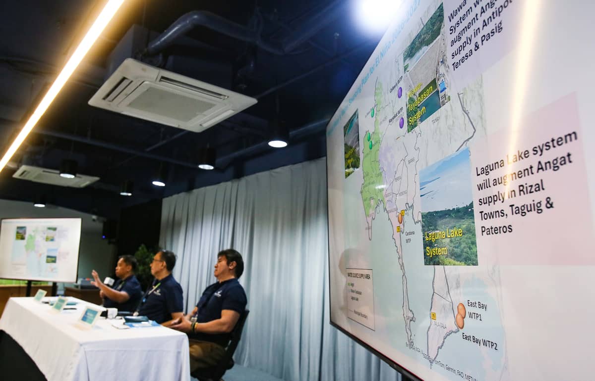 (July 07 2026) Manila Water officials, Joemar B. Emboltorio, Operations Group Director-East Zone; Arnold Jether A. Mortera, Chief Operating Officer (East Zone); and Jeric T. Sevilla, Communication Affairs Group Director- Enterprise, hold a press briefing to discuss the company's water supply situation, how new water sources—including the Upper Wawa Dam and Laguna Lake—along with upcoming treatment facilities, have significantly strengthened Manila Water’s capability to provide reliable 24/7 water service even during prolonged dry spells. The company emphasized that these infrastructure investments and operational enhancements have positioned it to better withstand the impacts of a super El Niño while ensuring water security for customers across the East Zone, held at MWSS office in Quezon City, on Tuesday July 7 2026. Photo/Analy Labor