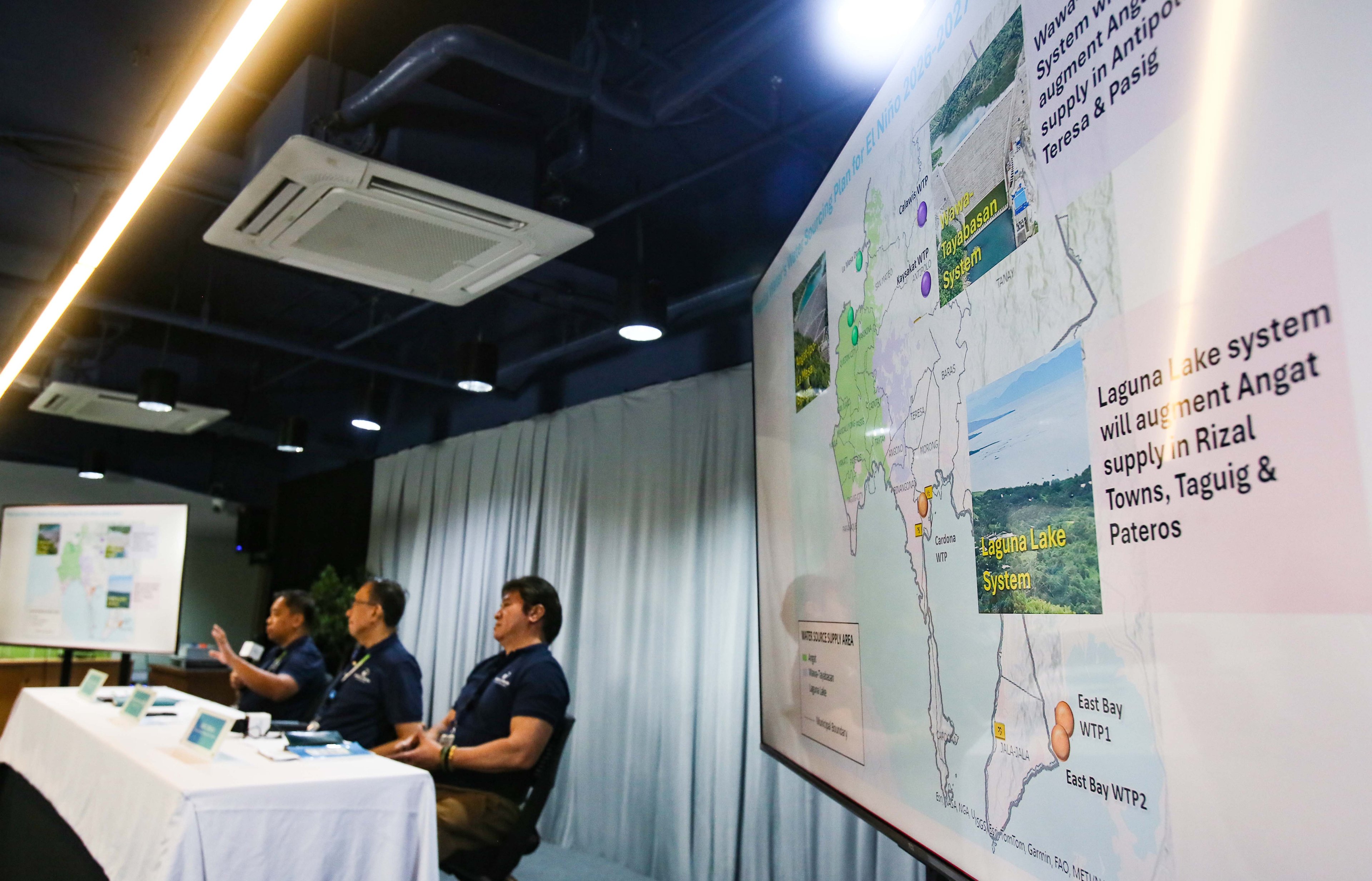(July 07 2026) Manila Water officials, Joemar B. Emboltorio, Operations Group Director-East Zone; Arnold Jether A. Mortera, Chief Operating Officer (East Zone); and Jeric T. Sevilla, Communication Affairs Group Director- Enterprise, hold a press briefing to discuss the company's water supply situation, how new water sources—including the Upper Wawa Dam and Laguna Lake—along with upcoming treatment facilities, have significantly strengthened Manila Water’s capability to provide reliable 24/7 water service even during prolonged dry spells. The company emphasized that these infrastructure investments and operational enhancements have positioned it to better withstand the impacts of a super El Niño while ensuring water security for customers across the East Zone, held at MWSS office in Quezon City, on Tuesday July 7 2026. Photo/Analy Labor