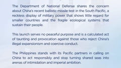 DND condemns China missile test; AFP cites growing regional concerns