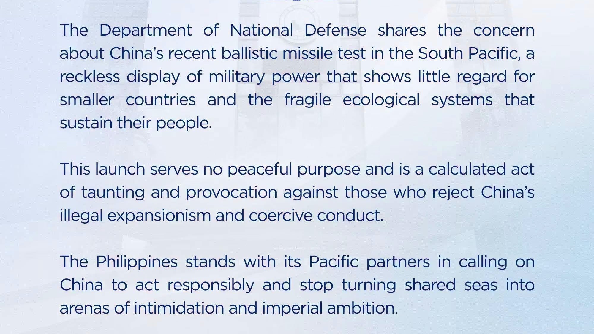 DND condemns China missile test; AFP cites growing regional concerns