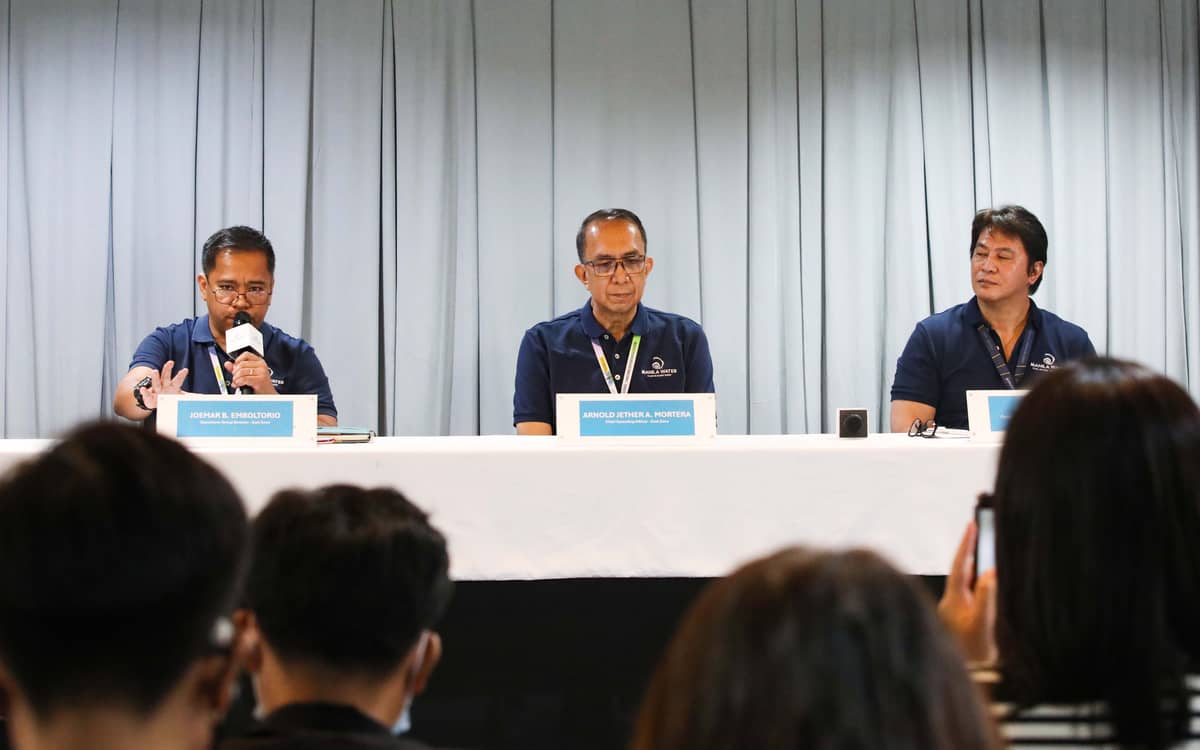 (July 07 2026) Manila Water officials, Joemar B. Emboltorio, Operations Group Director-East Zone; Arnold Jether A. Mortera, Chief Operating Officer (East Zone); and Jeric T. Sevilla, Communication Affairs Group Director- Enterprise, hold a press briefing to discuss the company's water supply situation, how new water sources—including the Upper Wawa Dam and Laguna Lake—along with upcoming treatment facilities, have significantly strengthened Manila Water’s capability to provide reliable 24/7 water service even during prolonged dry spells. The company emphasized that these infrastructure investments and operational enhancements have positioned it to better withstand the impacts of a super El Niño while ensuring water security for customers across the East Zone, held at MWSS office in Quezon City, on Tuesday July 7 2026. Photo/Analy Labor