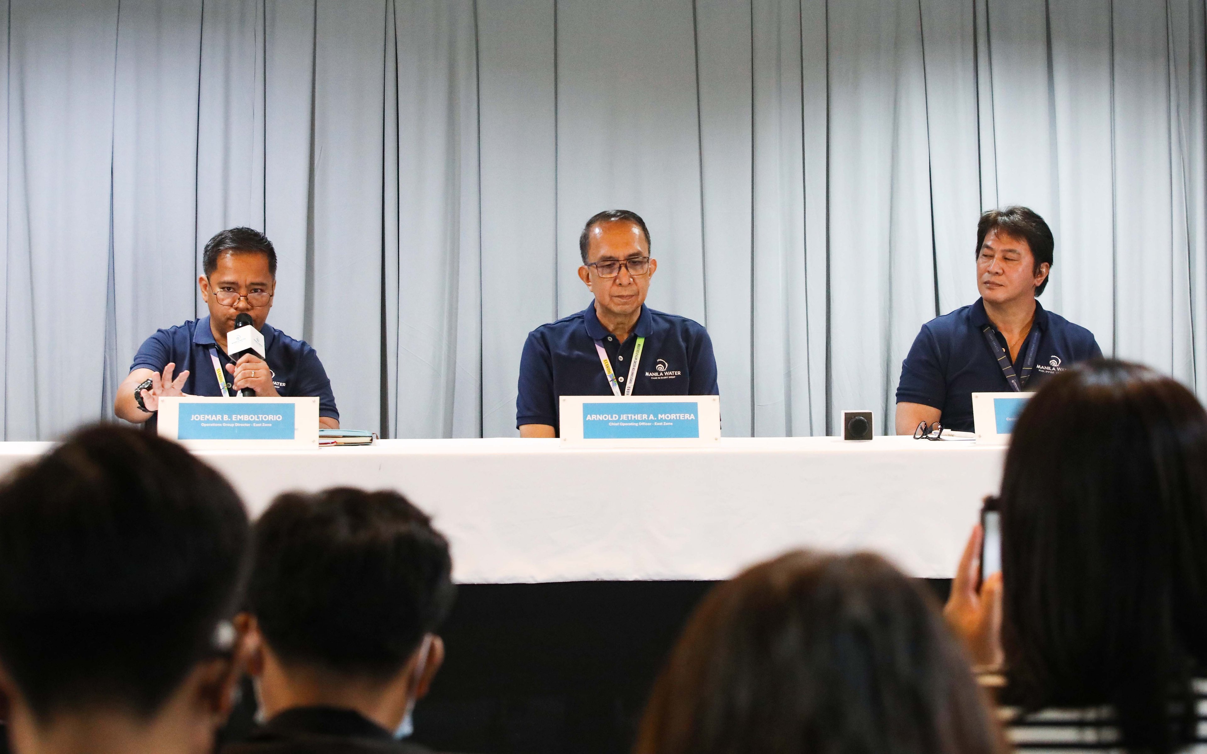 (July 07 2026) Manila Water officials, Joemar B. Emboltorio, Operations Group Director-East Zone; Arnold Jether A. Mortera, Chief Operating Officer (East Zone); and Jeric T. Sevilla, Communication Affairs Group Director- Enterprise, hold a press briefing to discuss the company's water supply situation, how new water sources—including the Upper Wawa Dam and Laguna Lake—along with upcoming treatment facilities, have significantly strengthened Manila Water’s capability to provide reliable 24/7 water service even during prolonged dry spells. The company emphasized that these infrastructure investments and operational enhancements have positioned it to better withstand the impacts of a super El Niño while ensuring water security for customers across the East Zone, held at MWSS office in Quezon City, on Tuesday July 7 2026. Photo/Analy Labor