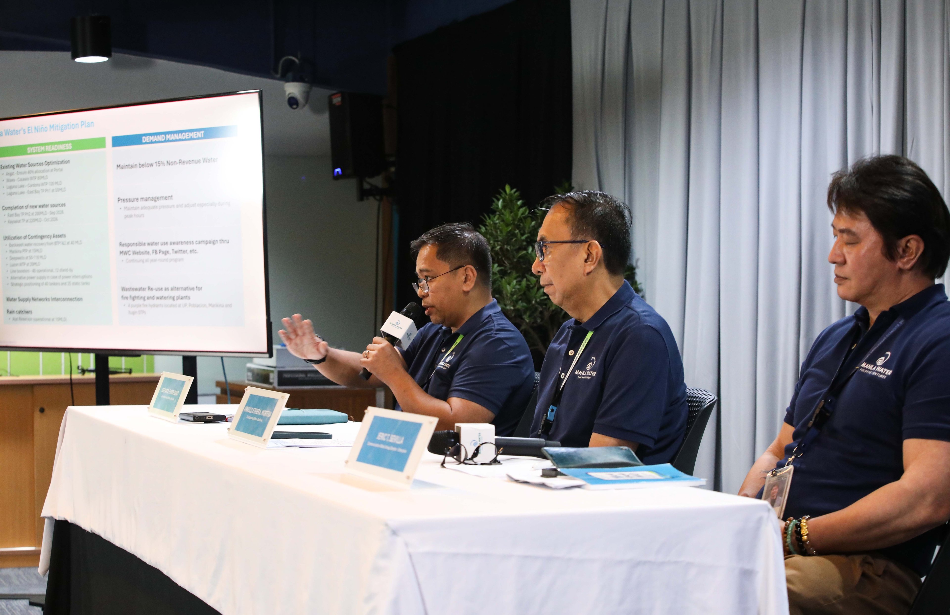 (July 07 2026) Manila Water officials, Joemar B. Emboltorio, Operations Group Director-East Zone; Arnold Jether A. Mortera, Chief Operating Officer (East Zone); and Jeric T. Sevilla, Communication Affairs Group Director- Enterprise, hold a press briefing to discuss the company's water supply situation, how new water sources—including the Upper Wawa Dam and Laguna Lake—along with upcoming treatment facilities, have significantly strengthened Manila Water’s capability to provide reliable 24/7 water service even during prolonged dry spells. The company emphasized that these infrastructure investments and operational enhancements have positioned it to better withstand the impacts of a super El Niño while ensuring water security for customers across the East Zone, held at MWSS office in Quezon City, on Tuesday July 7 2026. Photo/Analy Labor