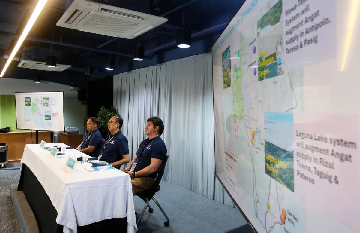 (July 07 2026) Manila Water officials, Joemar B. Emboltorio, Operations Group Director-East Zone; Arnold Jether A. Mortera, Chief Operating Officer (East Zone); and Jeric T. Sevilla, Communication Affairs Group Director- Enterprise, hold a press briefing to discuss the company's water supply situation, how new water sources—including the Upper Wawa Dam and Laguna Lake—along with upcoming treatment facilities, have significantly strengthened Manila Water’s capability to provide reliable 24/7 water service even during prolonged dry spells. The company emphasized that these infrastructure investments and operational enhancements have positioned it to better withstand the impacts of a super El Niño while ensuring water security for customers across the East Zone, held at MWSS office in Quezon City, on Tuesday July 7 2026. Photo/Analy Labor