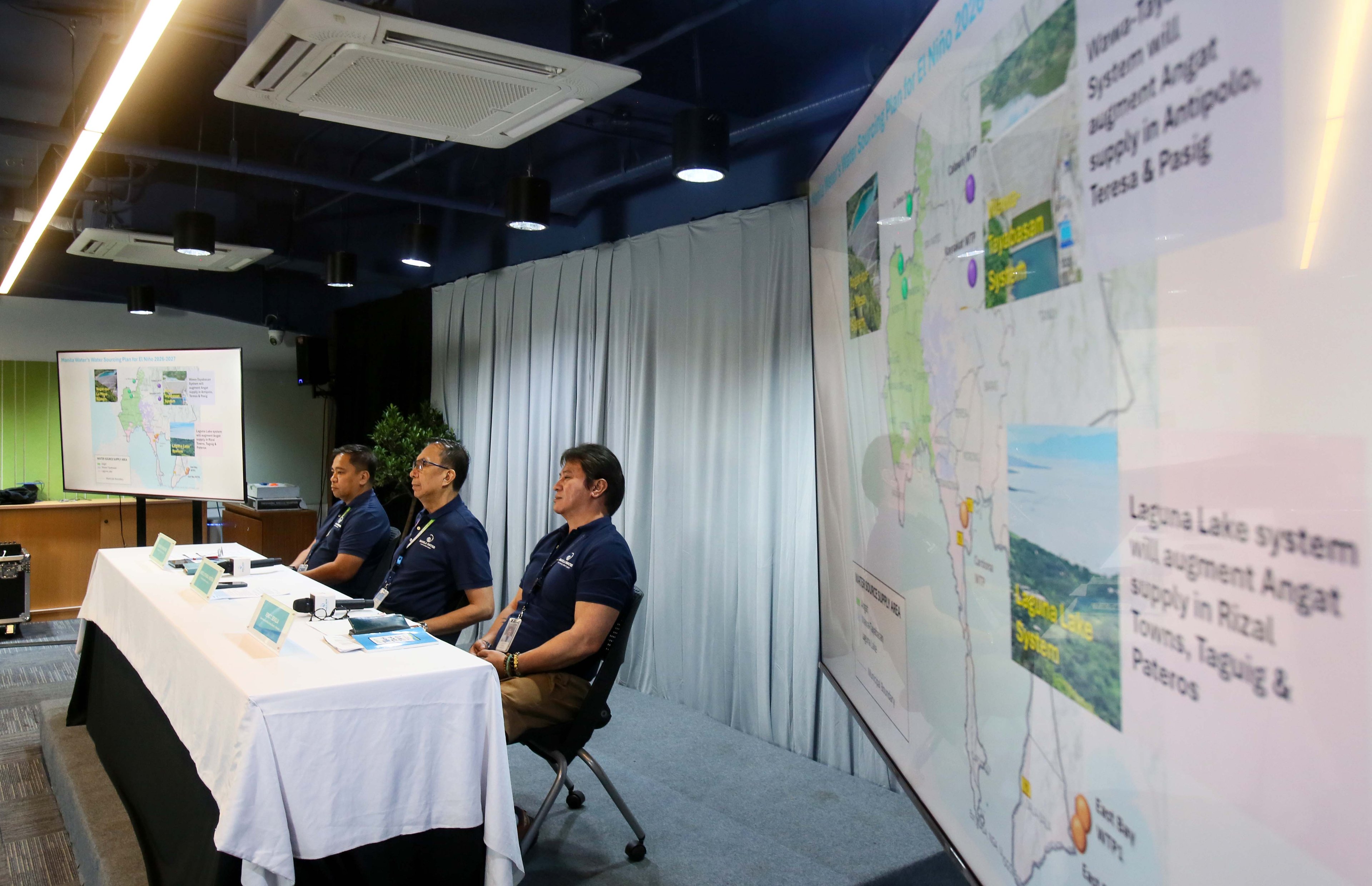 (July 07 2026) Manila Water officials, Joemar B. Emboltorio, Operations Group Director-East Zone; Arnold Jether A. Mortera, Chief Operating Officer (East Zone); and Jeric T. Sevilla, Communication Affairs Group Director- Enterprise, hold a press briefing to discuss the company's water supply situation, how new water sources—including the Upper Wawa Dam and Laguna Lake—along with upcoming treatment facilities, have significantly strengthened Manila Water’s capability to provide reliable 24/7 water service even during prolonged dry spells. The company emphasized that these infrastructure investments and operational enhancements have positioned it to better withstand the impacts of a super El Niño while ensuring water security for customers across the East Zone, held at MWSS office in Quezon City, on Tuesday July 7 2026. Photo/Analy Labor