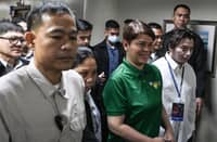 VICE President Sara Duterte, accompanied by lawyer Michael Poa, makes a surprise appearance at the Senate on Tuesday for a closed-door strategy meeting with her defense team as her historic impeachment trial unfolds. Inset: Senate President Sherwin Gatchalian confers with Senator Francis ‘Chiz’ Escudero, the presiding officer of the impeachment court, during the proceedings.