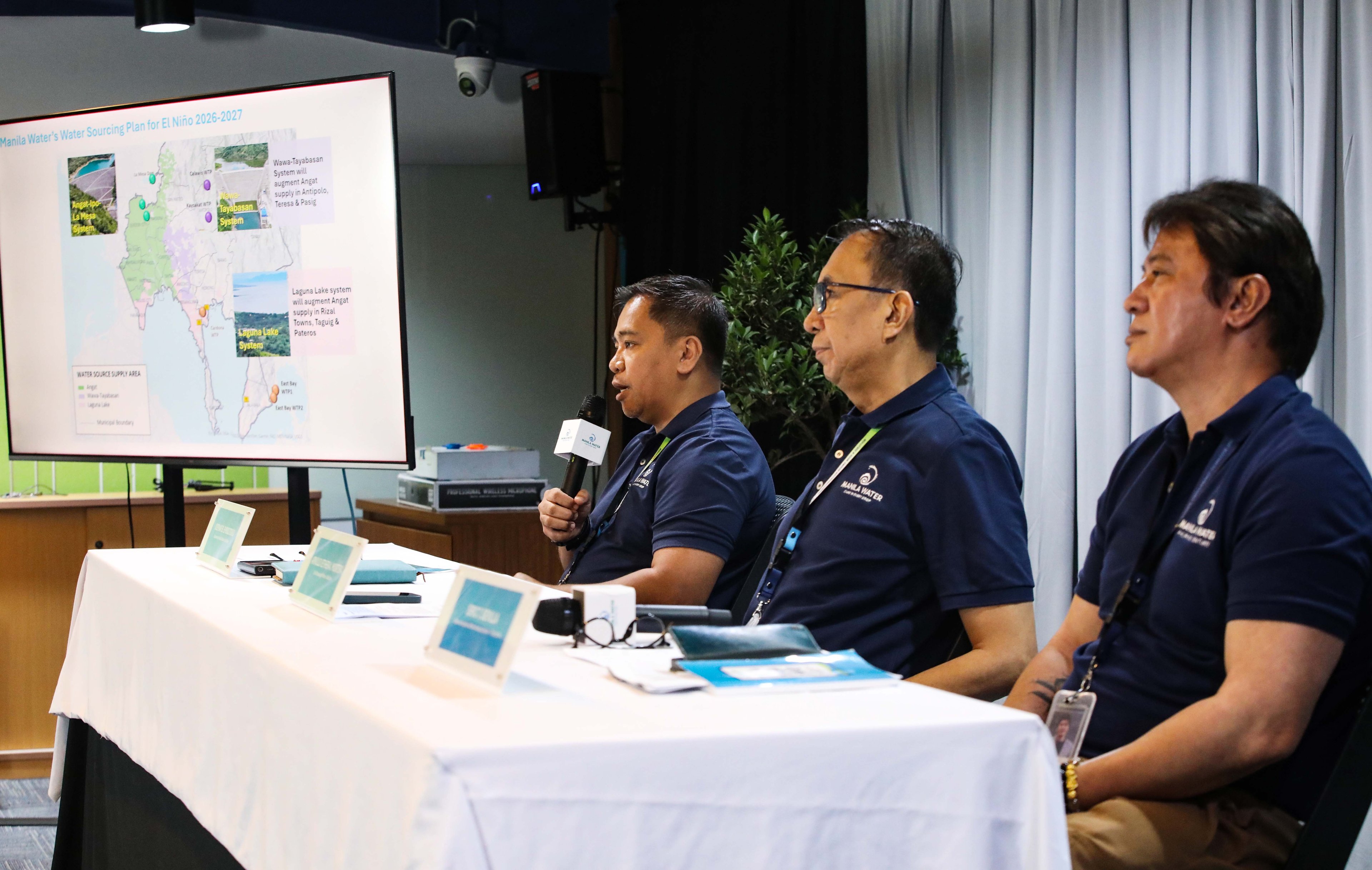 (July 07 2026) Manila Water officials, Joemar B. Emboltorio, Operations Group Director-East Zone; Arnold Jether A. Mortera, Chief Operating Officer (East Zone); and Jeric T. Sevilla, Communication Affairs Group Director- Enterprise, hold a press briefing to discuss the company's water supply situation, how new water sources—including the Upper Wawa Dam and Laguna Lake—along with upcoming treatment facilities, have significantly strengthened Manila Water’s capability to provide reliable 24/7 water service even during prolonged dry spells. The company emphasized that these infrastructure investments and operational enhancements have positioned it to better withstand the impacts of a super El Niño while ensuring water security for customers across the East Zone, held at MWSS office in Quezon City, on Tuesday July 7 2026. Photo/Analy Labor