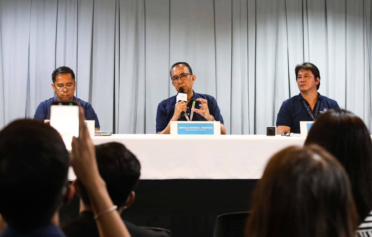 (July 07 2026) Manila Water officials, Joemar B. Emboltorio, Operations Group Director-East Zone; Arnold Jether A. Mortera, Chief Operating Officer (East Zone); and Jeric T. Sevilla, Communication Affairs Group Director- Enterprise, hold a press briefing to discuss the company's water supply situation, how new water sources—including the Upper Wawa Dam and Laguna Lake—along with upcoming treatment facilities, have significantly strengthened Manila Water’s capability to provide reliable 24/7 water service even during prolonged dry spells. The company emphasized that these infrastructure investments and operational enhancements have positioned it to better withstand the impacts of a super El Niño while ensuring water security for customers across the East Zone, held at MWSS office in Quezon City, on Tuesday July 7 2026. Photo/Analy Labor