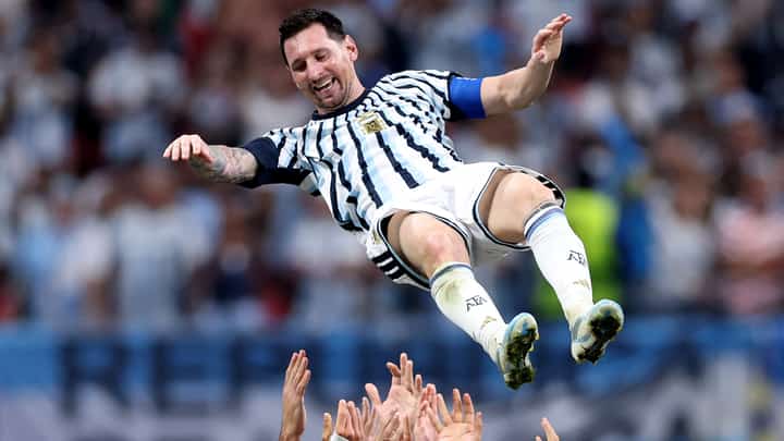 LIONEL Messi gets a victory ride after leading Argentina’s rally from 0-2 down to a 3-2 victory in the Last 16 of the FIFA World Cup in Atlanta on Tuesday.