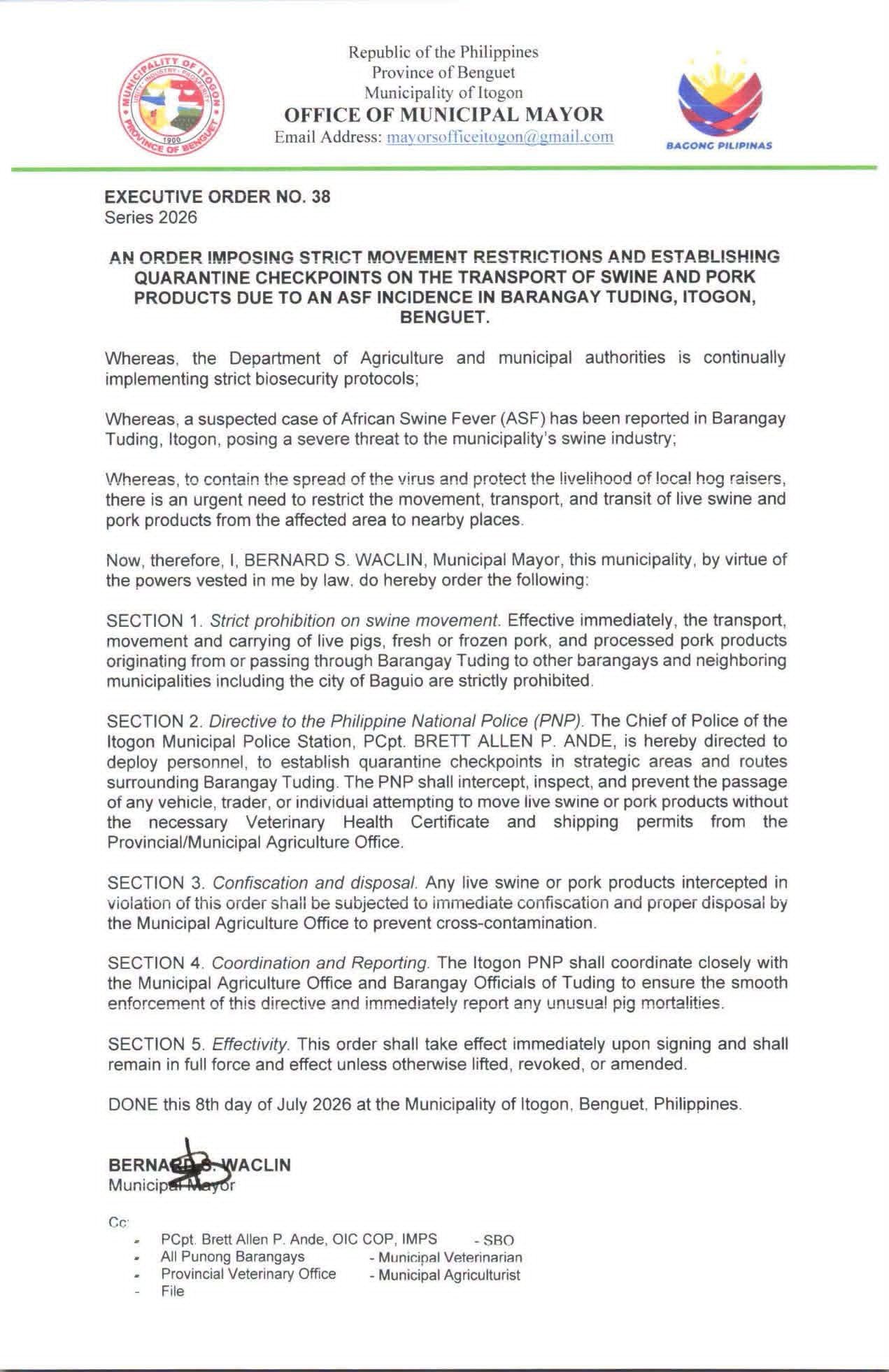 Itogon imposes ASF movement restrictions after suspected case