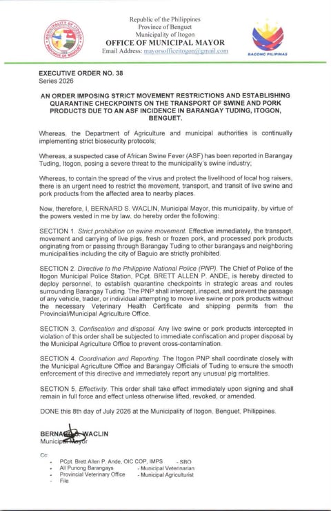 Itogon imposes ASF movement restrictions after suspected case