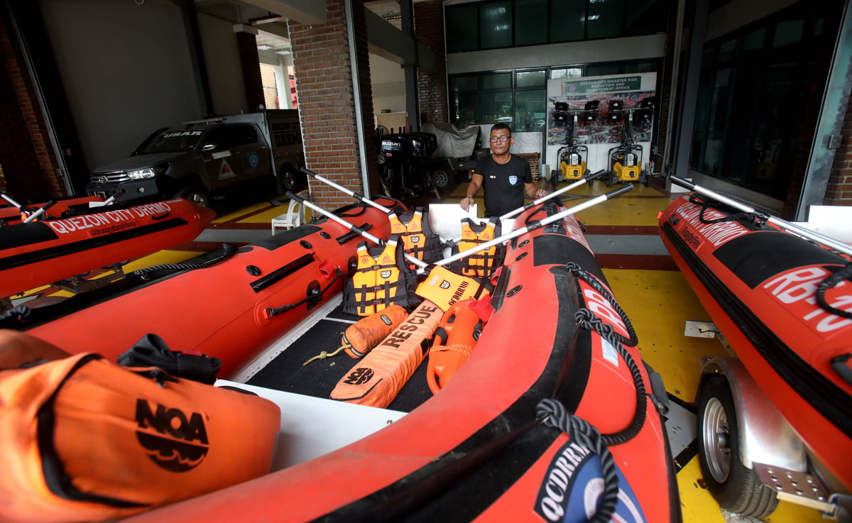 (July 10 2026) Search and rescue boat prepared at QCDRRMO office in Quezon City on Friday July 10 2026, in anticipation of heavy rains brought by the Southwest Monsoon, enhanced by Typhoon Inday. The boats are being readied for possible rescue and emergency response operations. Photo/Analy Labor