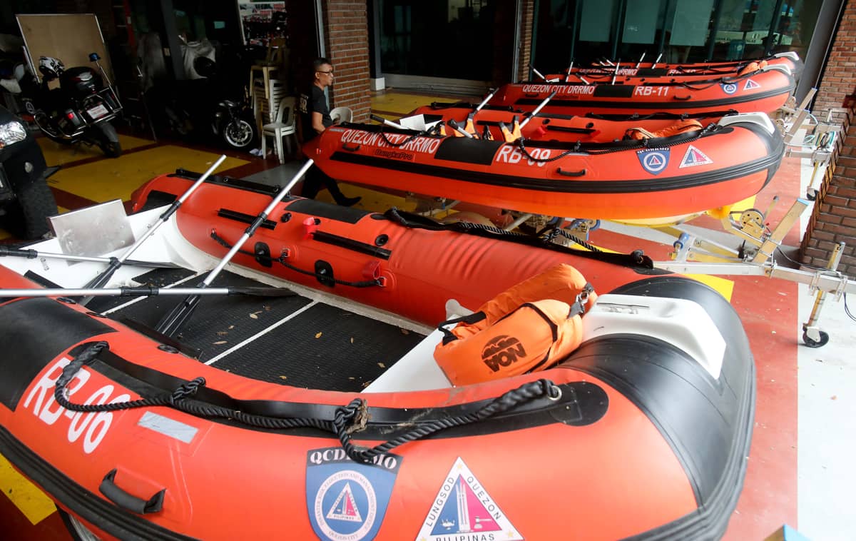 (July 10 2026) Search and rescue boat prepared at QCDRRMO office in Quezon City on Friday July 10 2026, in anticipation of heavy rains brought by the Southwest Monsoon, enhanced by Typhoon Inday. The boats are being readied for possible rescue and emergency response operations. Photo/Analy Labor