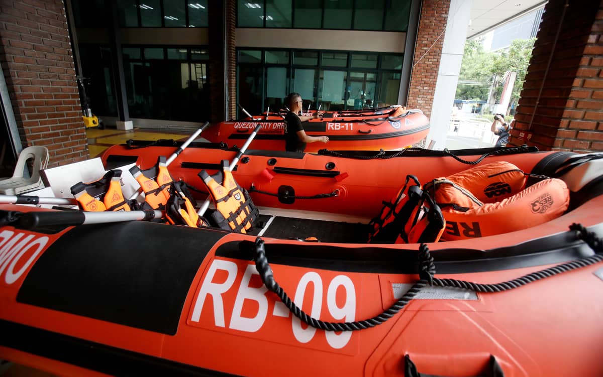 (July 10 2026) Search and rescue boat prepared at QCDRRMO office in Quezon City on Friday July 10 2026, in anticipation of heavy rains brought by the Southwest Monsoon, enhanced by Typhoon Inday. The boats are being readied for possible rescue and emergency response operations. Photo/Analy Labor