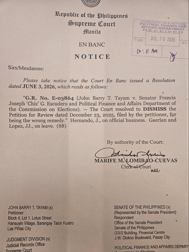 SC dismisses petition vs. Escudero over P30M campaign donation