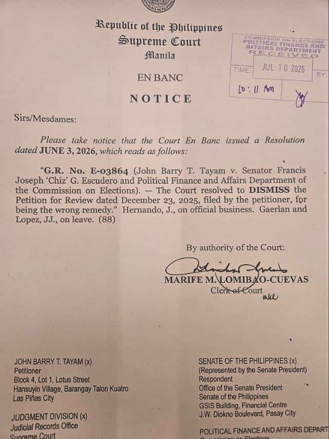 SC en banc notice on Sen. Escudero campaign donation