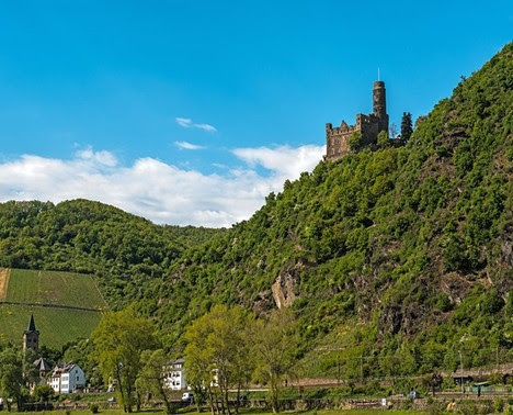 Burg Maus looms over the Rhine River in Germany.
