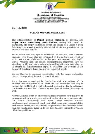 DepEd Cavite mourns death of Grade 4 pupil after school deworming activity