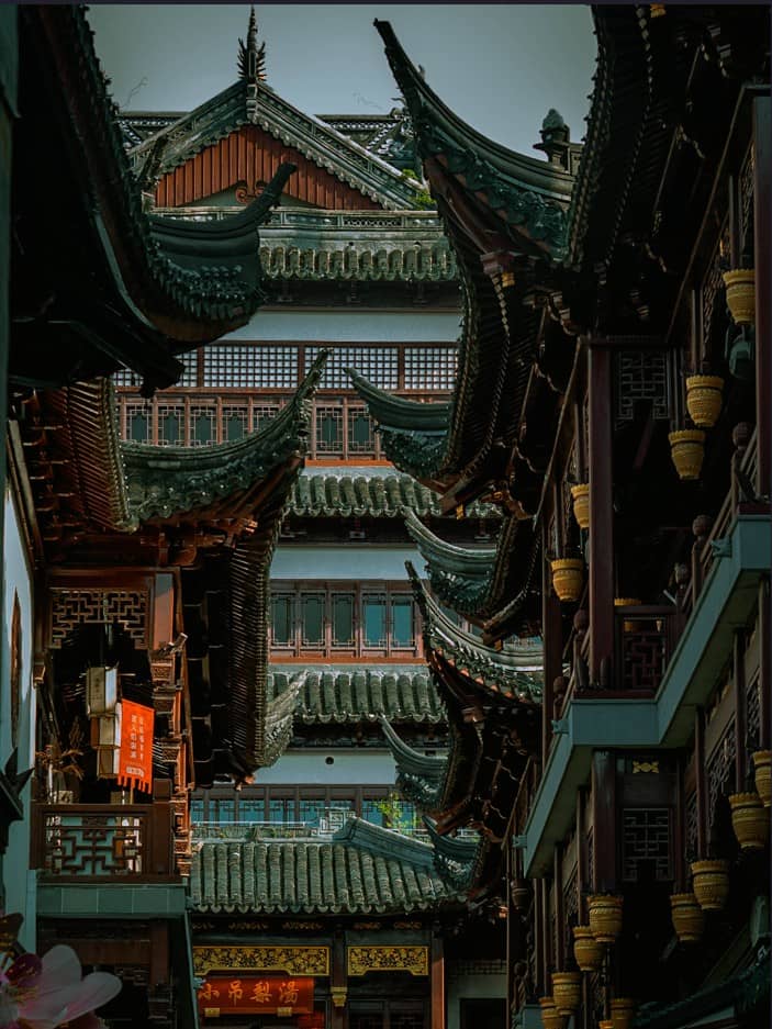 Traditional Chinese buildings within the City God Temple of Shanghai complex.