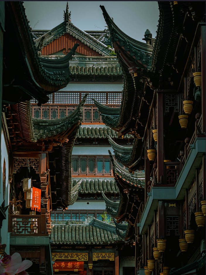 Traditional Chinese buildings within the City God Temple of Shanghai complex.