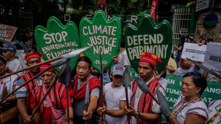 Indigenous peoples, environmental advocates, and allies gathered in front of the Department of Environment and Natural Resources (DENR) Central Office in Quezon City on Tuesday, July 14, 2026. Protesters urge the DENR - Mines and Geosciences Bureau to revoke the granted permit that allows North Luzon Mineral Resources Corp. (NLMRC) to conduct mining exploration activities in Nueva Vizcaya.