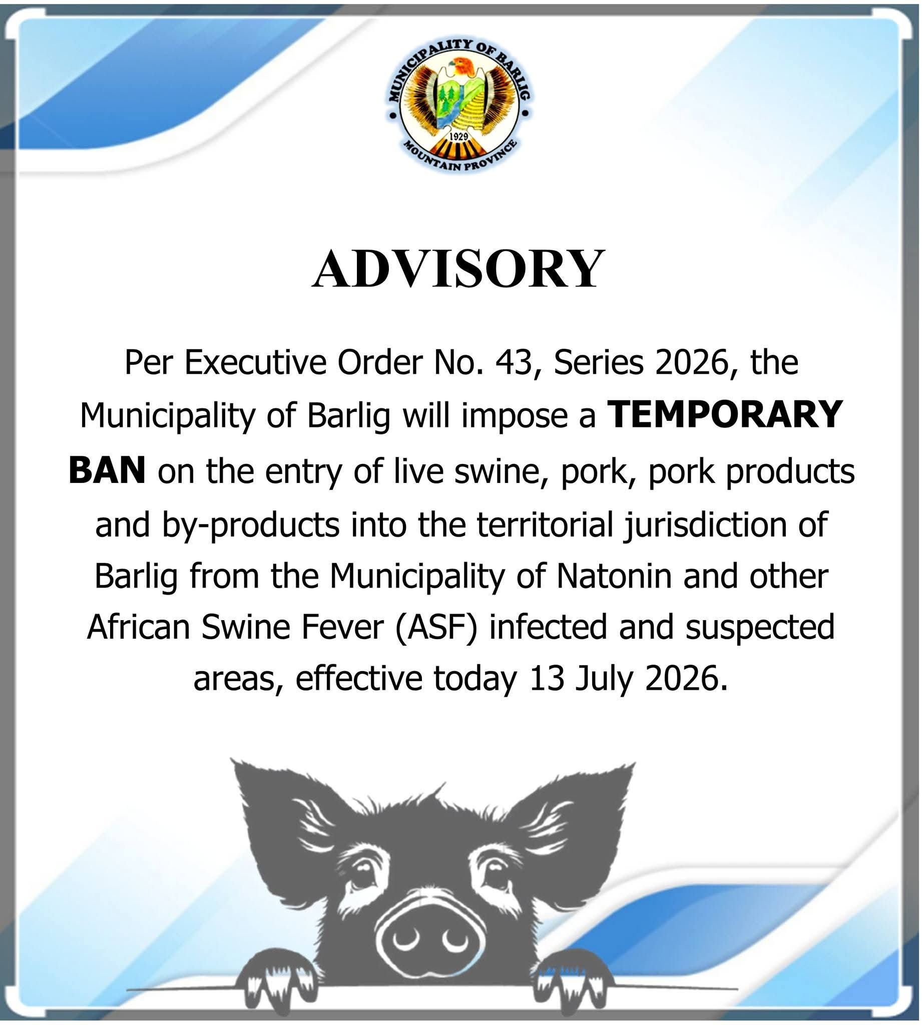 Another Mountain Province town tightens ASF controls