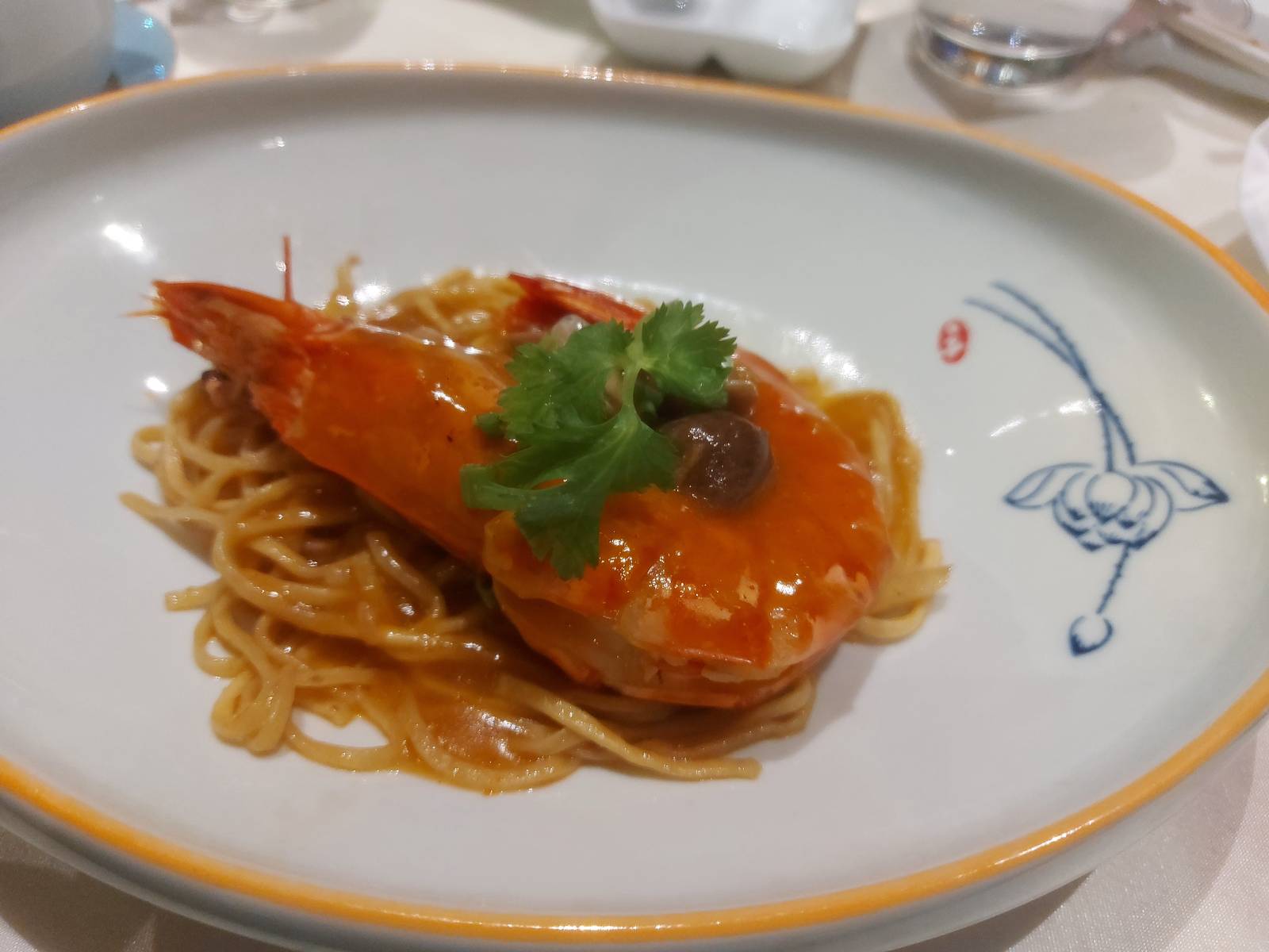 Stir Fried King Prawn with ginger XO Sauce and E Fu Noodle Green Spring Onion.