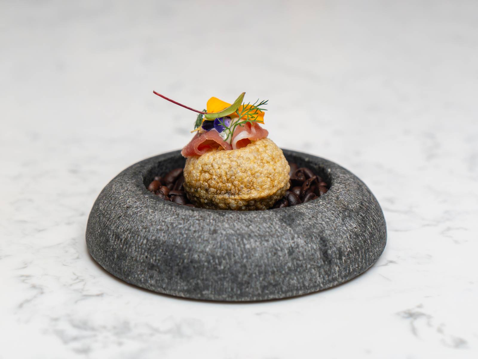 Harvest (puri shell, cocoa espuma, grated Batangas cacao nibs and cured ham).