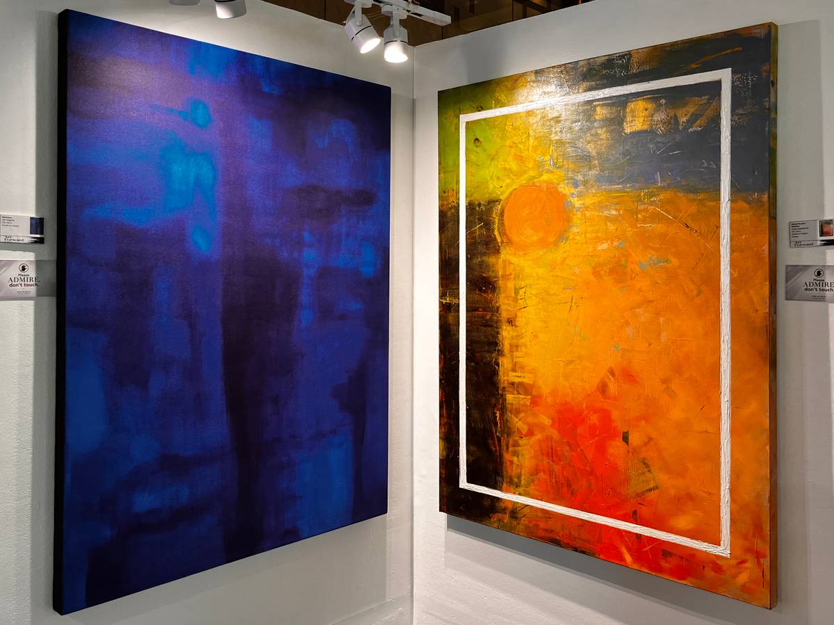 "Narcissus" by Jed Gregorio (left) and "Sunset by Your Window" by Hazel Imperial Tan (right) are displayed side by side at "LIKHA: The Living Gallery," a contemporary art exhibition at the New World Hotel in Makati City.