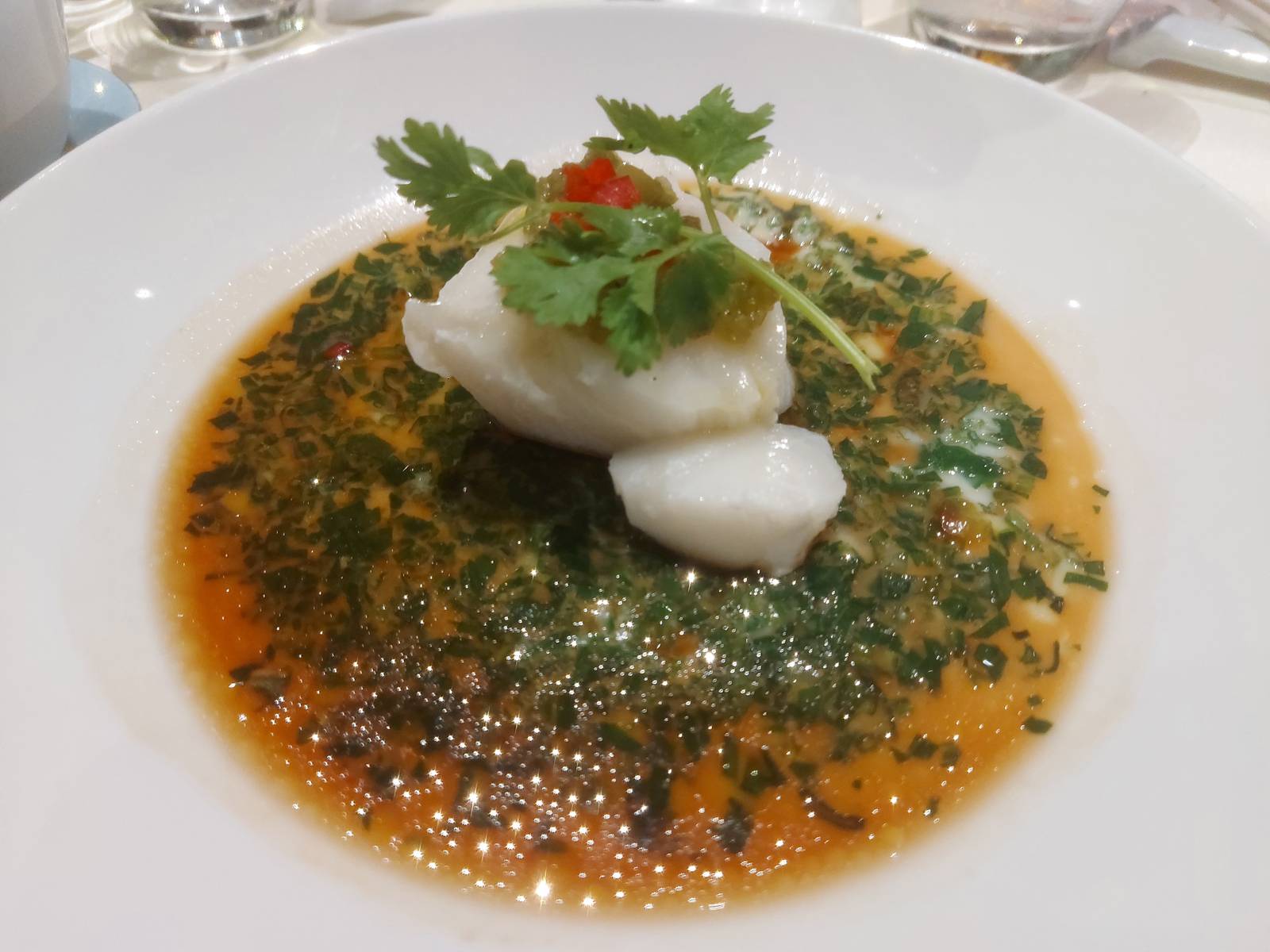 Steamed Spinach Egg Sponge with Cod Fish Fillet in Green Bell Pepper Sauce