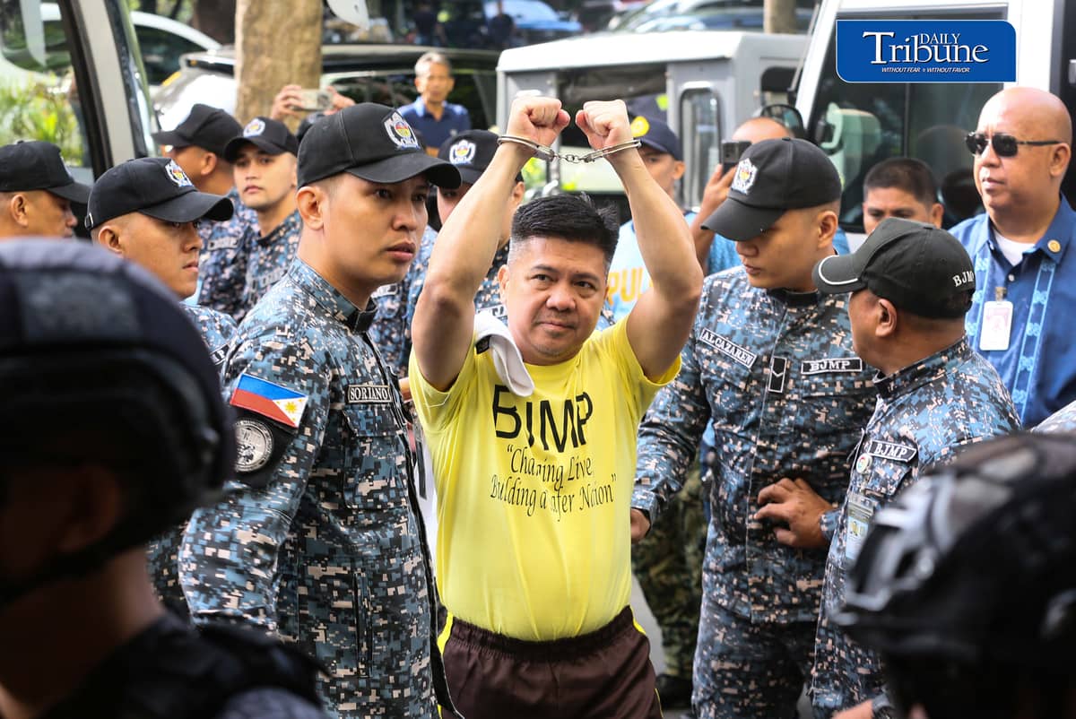 Former Rep. Mike Defensor and his co-accused businessmen Joseph Espiritu and Aristotle Viray arrive at the Sandiganbayan on Wednesday, 15 July 2026, where they plead not guilty to plunder charges. The case stemmed from allegations involving a ₱75-million donation to Sen. Rodante Marcoleta. | Photo by Analy Labor