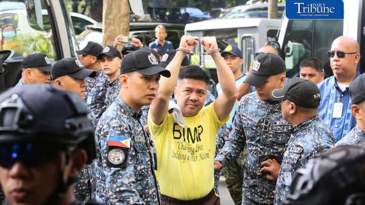Former Rep. Mike Defensor and his co-accused businessmen Joseph Espiritu and Aristotle Viray arrive at the Sandiganbayan on Wednesday, 15 July 2026, where they plead not guilty to plunder charges. The case stemmed from allegations involving a ₱75-million donation to Sen. Rodante Marcoleta. | Photo by Analy Labor