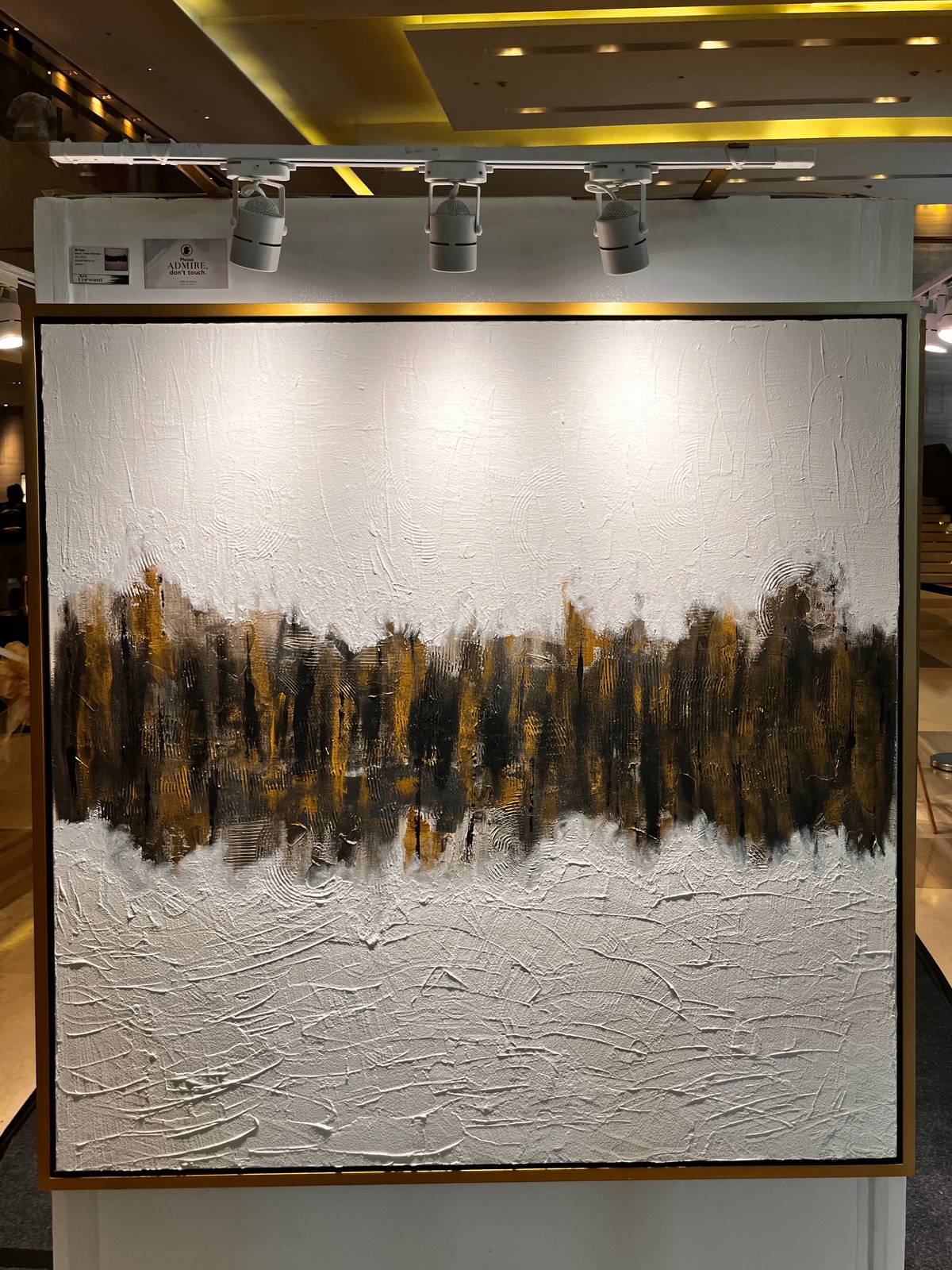 "Mi Casa" by Aaron Virata Mempin shows the logic behind the chaos of abstraction. 48 by 48 inches, Mixed-media on Canvas seen in New World Makati