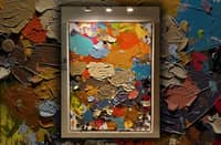Artist Fritz Herrera explores depth, texture, and layered emotion in "Happy Thoughts," a 48 x 36-inch acrylic-on-canvas work featured at "LIKHA: The Living Gallery," a contemporary art exhibition at the New World Hotel in Makati City.
