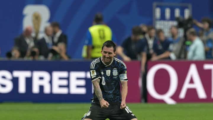 Argentina's forward #10 Lionel Messi celebrates his team's victory at the end of the 2026 World Cup football tournament semi-final match between England and Argentina at the Atlanta Stadium in Atlanta on July 15, 2026.